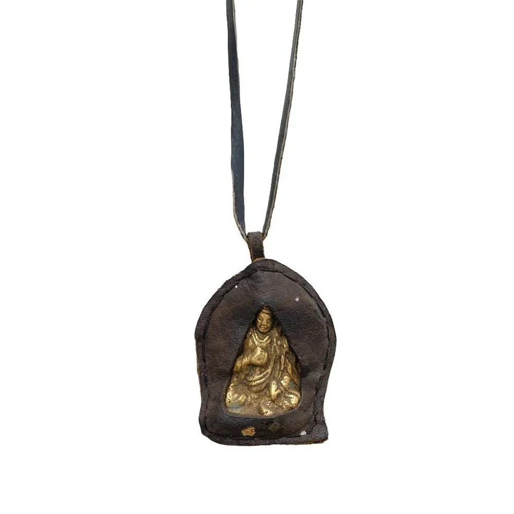 Leather Wrapped Brass Buddha Meditation Necklace - Picture 3 of 4